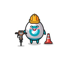 road worker mascot of rocket holding drill machine