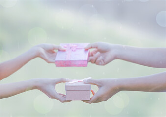 Close Up Female hands holding pink gift with giving present box to a friend, greeting with Birthday, Christmas and New year. Holiday Concept.