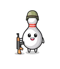 cute bowling pin mascot as a soldier