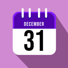 December day 31. Number thirty one on a white paper with purple border on a pink background, calendar sheet. Vector illustration