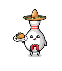 bowling pin Mexican chef mascot holding a taco
