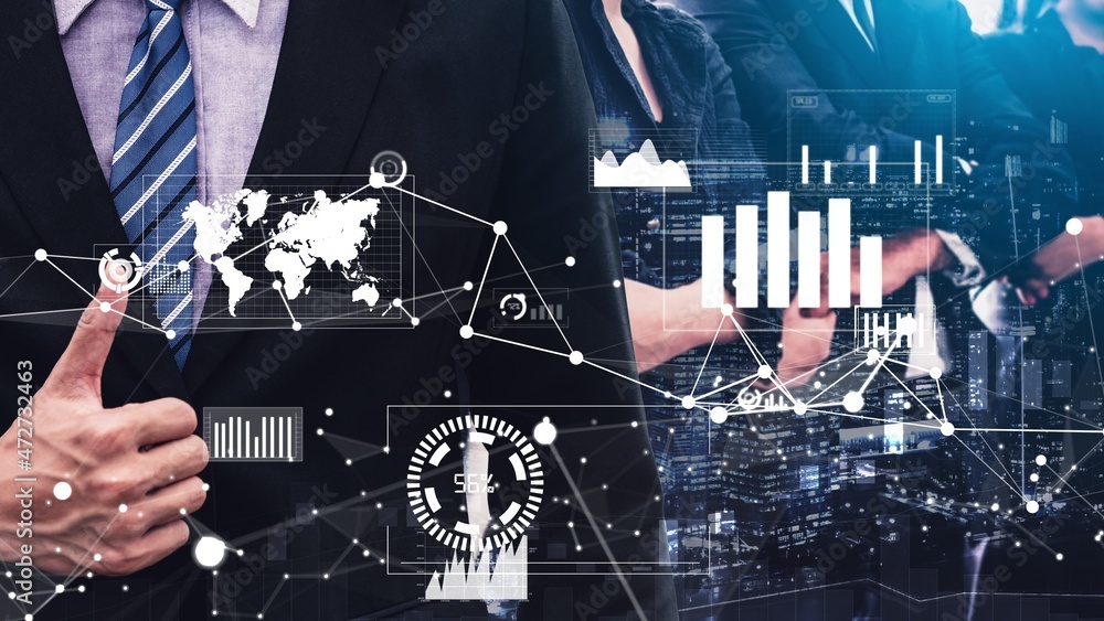Poster conceptual business dashboard for financial data analysis . 3d render computer graphic .