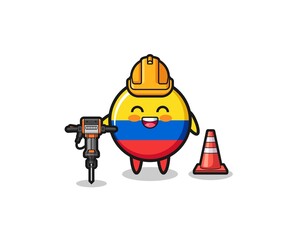 Naklejka premium road worker mascot of colombia flag holding drill machine