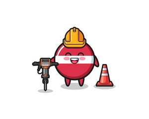 road worker mascot of latvia flag holding drill machine