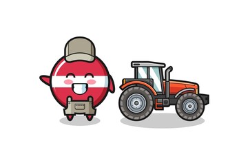 the latvia flag farmer mascot standing beside a tractor