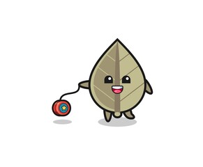 cartoon of cute dried leaf playing a yoyo