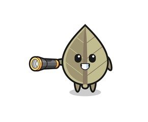dried leaf mascot holding flashlight
