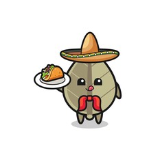 dried leaf Mexican chef mascot holding a taco