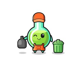 the mascot of cute lab beakers as garbage collector
