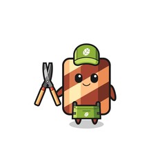 cute wafer roll as gardener mascot