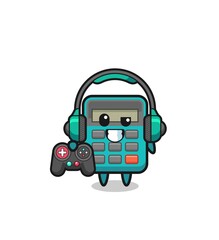 calculator gamer mascot holding a game controller