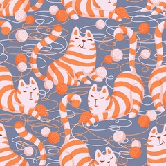 Happy striped red cats that play with balls of wool seamless pattern. Background with decorative cats.