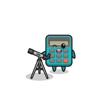 calculator astronomer mascot with a modern telescope
