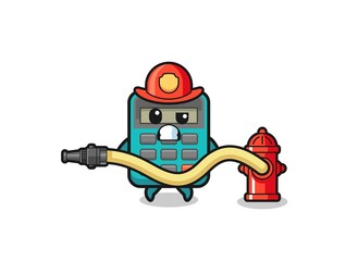 Fototapeta premium calculator cartoon as firefighter mascot with water hose