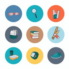 set of different school supplies vector illustration. Back to school flat icons. Vector