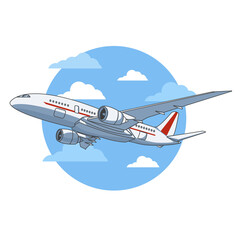 Fototapeta premium Airplane illustration, view of a flying aircraft. Vector illustration