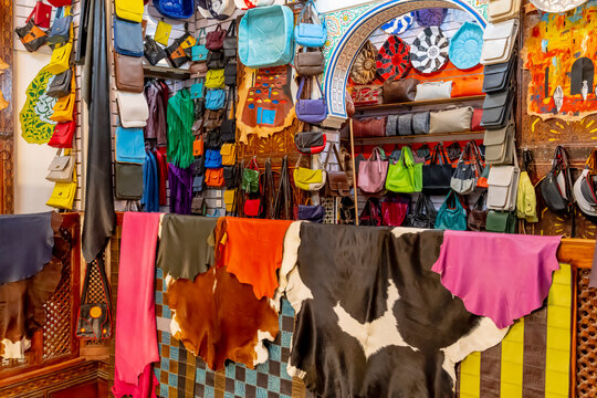 Colorful Clothing And Trinkets Are Sold In The Open Market In The City Of Fes, Morocco, Africa