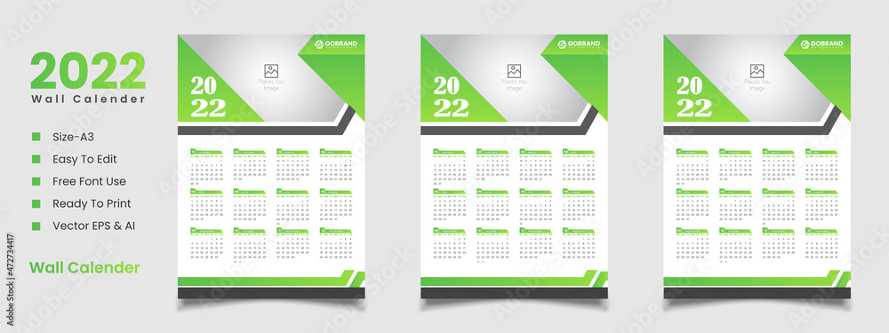 Poster 2022 wall calendar 12 month editable vector file template design