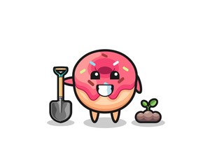 cute doughnut cartoon is planting a tree seed