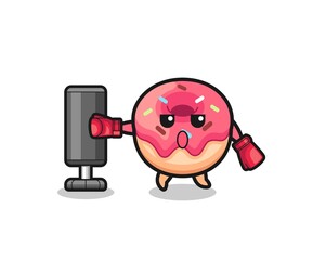 doughnut boxer cartoon doing training with punching bag
