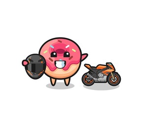 cute doughnut cartoon as a motorcycle racer