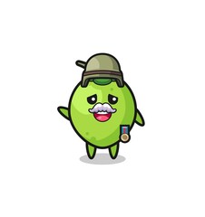 cute coconut as veteran cartoon