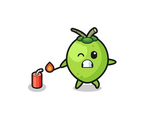 coconut mascot illustration playing firecracker