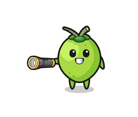 coconut mascot holding flashlight