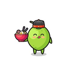 coconut as Chinese chef mascot holding a noodle bowl