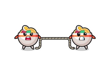 cute noodle bowl character is playing tug of war game