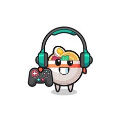 noodle bowl gamer mascot holding a game controller