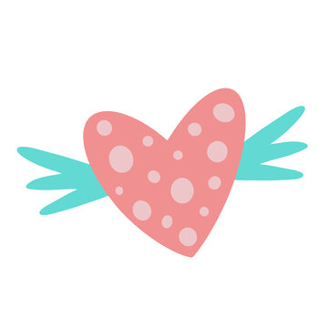 Flying heart with wings vector icon. Hand-drawn vintage illustration isolated on white background. Pink festive element with polka dots, symbol of love. Romantic concept for valentine's day. 