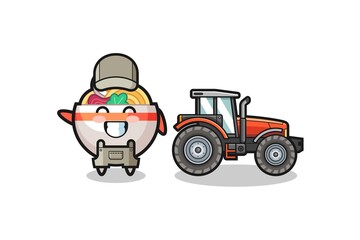the noodle bowl farmer mascot standing beside a tractor