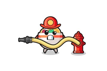 noodle bowl cartoon as firefighter mascot with water hose