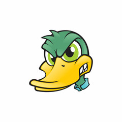 Angry green duck head in cartoon style.