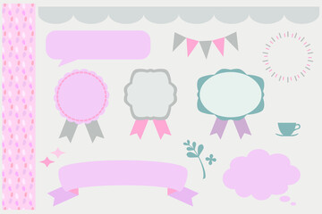 シンプルかわいいピンクグリーングレー系のリボンフレームイラストセット