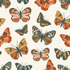 Fototapeta na wymiar Vintage style seamless butterfly pattern with colorful wing designs.