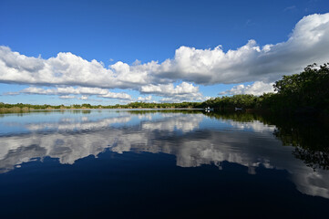 Kayaking on Nine Mile Pond in Everglades National Park, Florida on sunny autumn afternoon under cloudscape reflected in calm water.