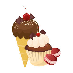 Cupcake, ice cream and macarons dessert plate food concept illustration vector