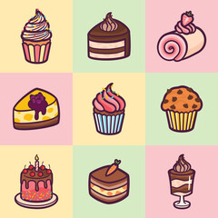 Different Types Of Cakes Icon In Doodle Style.