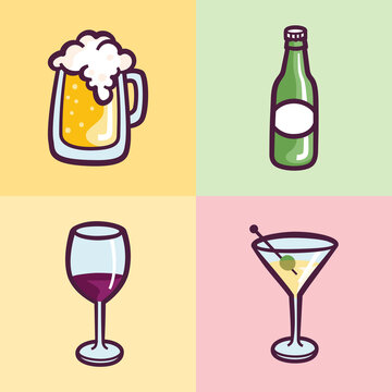Different Types Of Alcohol Drinks Icon In Doodle Style.