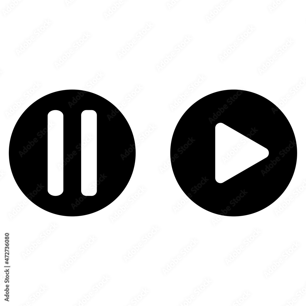 Poster pause sign. play icon. white symbols in black circle. multimedia concept. app element. vector illust