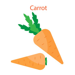 Carrot icon. Orange sign. Organic food. Green leaves. Cartoon style. Eco background. Vector illustration. Stock image. 