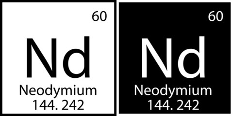 Neodymium symbol. Periodic table. Atomic number. Chemical element. Black white square. Vector illustration. Stock image. 