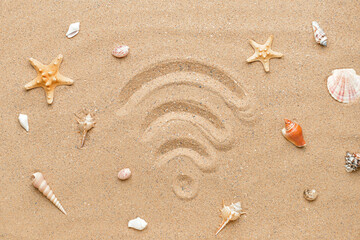 WiFi symbol drawn on sand background, top view
