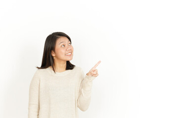 Pointing aside Showing Product with wow face of Beautiful Asian Woman Isolated On White Background