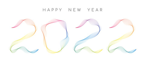 Happy new year 2022 holiday vector illustration by colorful pastel wavy lines numbers 2022 isolated on white background for festive poster or banner design