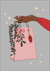 Kobieca ręka trzymająca torebkę podarunkową. Dziewczyna oferująca prezent. Bożonarodzeniowa ilustracja z pakunkiem prezentowym, bombką, wstążką i innymi świątecznymi dekoracjami. Wektorowa ilustracja. - obrazy, fototapety, plakaty