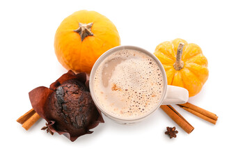 Cup of tasty pumpkin coffee and tasty muffin on white background