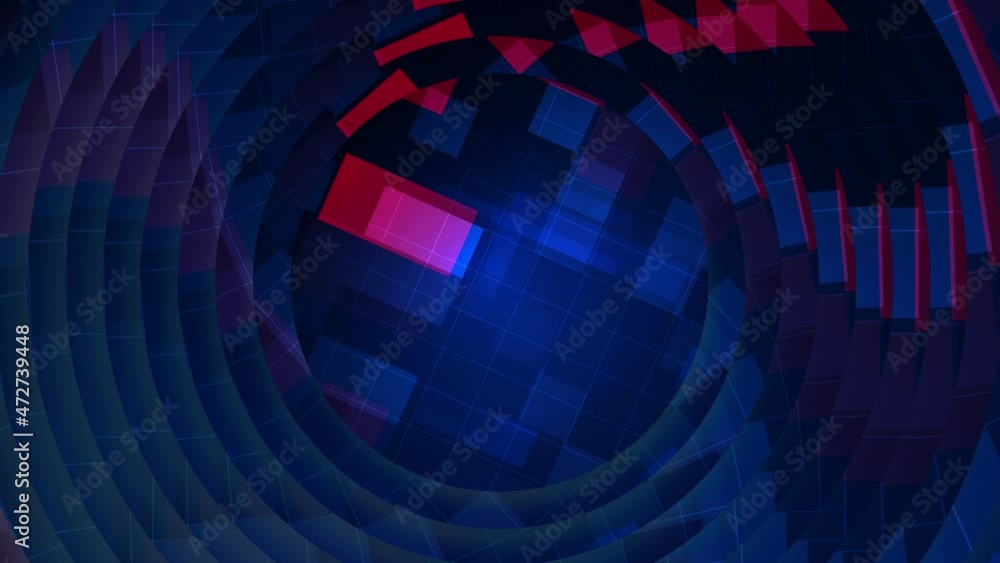 Poster abstract seamless loop hypnotic of red blue digital grid swirl rotate. glowing hypnotic digital grid
